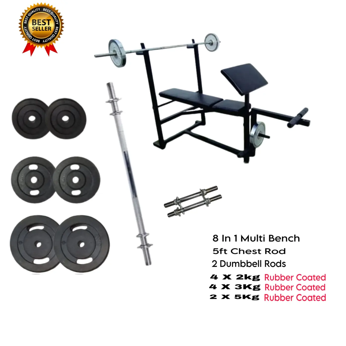 8-in-1 multi bench home gym package with barbell rods and weight plates