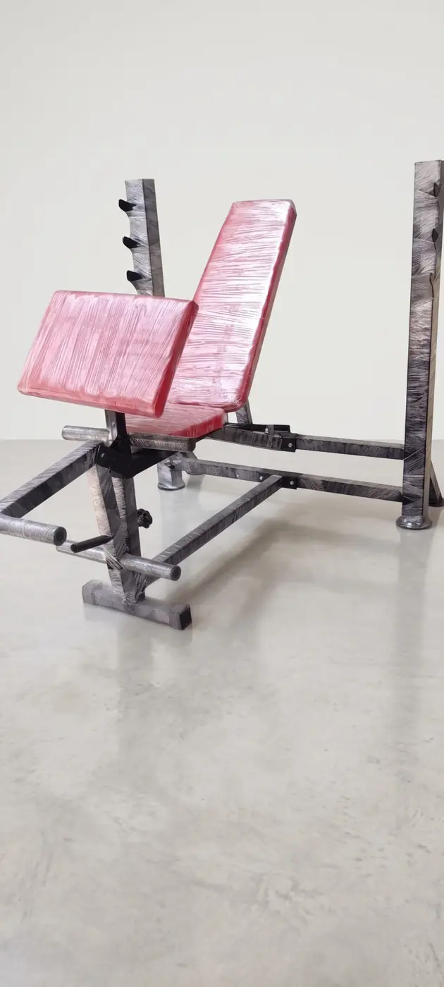 Adjustable padded workout bench with barbell rack