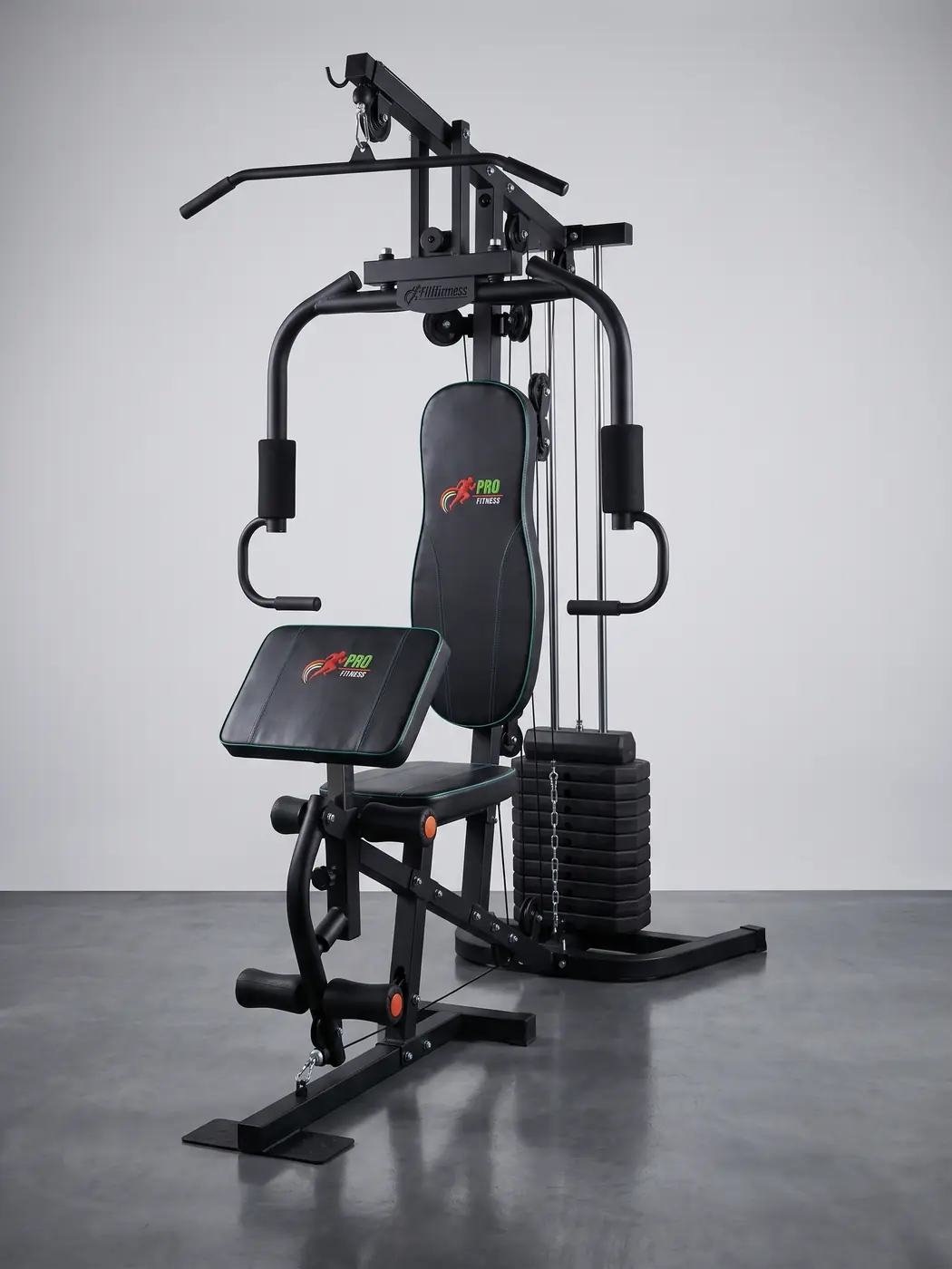 Black multi-function home gym machine with weight stack